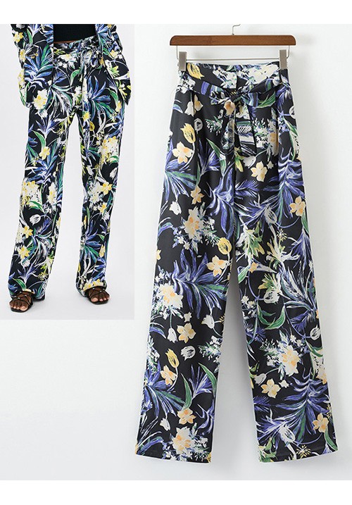 Black Flowers Pattern Decorated Wide-legs Pants Black Flowers Pattern Decorated Wide-legs Pants
