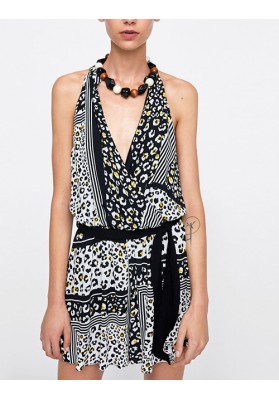 Black V Neckline Design Leopard Pattern Jumpsuit