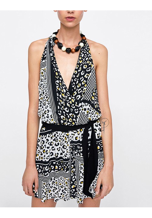 Black V Neckline Design Leopard Pattern Jumpsuit Black V Neckline Design Leopard Pattern Jumpsuit