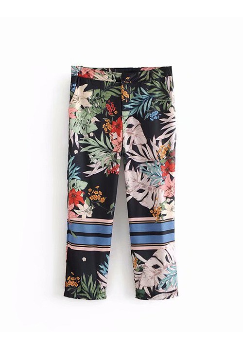 Multi-color Flower Pattern Decorated Trousers Multi-color Flower Pattern Decorated Trousers