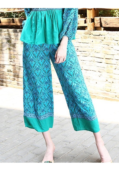 Blue Flowers Pattern Decorated Loose Pants Blue Flowers Pattern Decorated Loose Pants