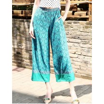 Trendy Pale Blue Flowers Pattern Decorated Loose Pants