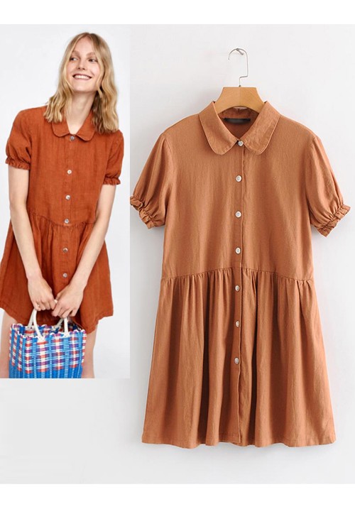 Brown Short Sleeves Design Pure Color Dress Brown Short Sleeves Design Pure Color Dress