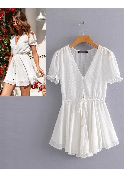White Pure Color Design V Neckline Dress White Pure Color Design V Neckline Dress