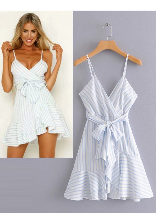 White Stripe Pattern Design V Neckline Dress White Stripe Pattern Design V Neckline Dress