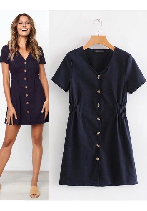 Navy Buttons Decorated Pure Color Dress Navy Buttons Decorated Pure Color Dress