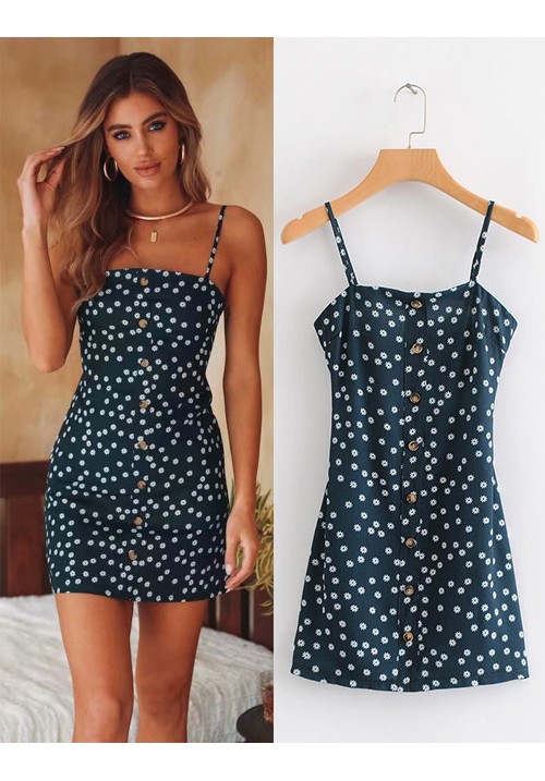 Navy Flowers Decorated Suspender Dress Navy Flowers Decorated Suspender Dress