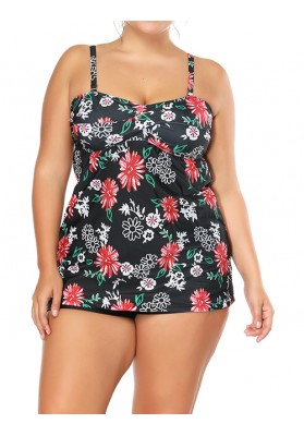 Charming Black Flowers Decorated Large Size Bikini