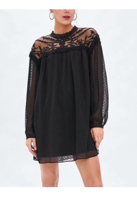 Black Lace Decorated Pure Color Dress