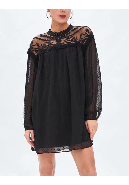 Black Lace Decorated Pure Color Dress Black Lace Decorated Pure Color Dress
