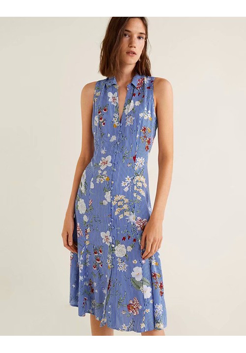 Blue Flowers Decorated Sleeveless Dress Blue Flowers Decorated Sleeveless Dress