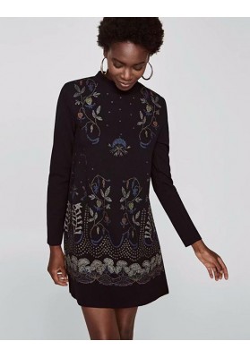 Black Round Neckline Design Flower Pattern Dress