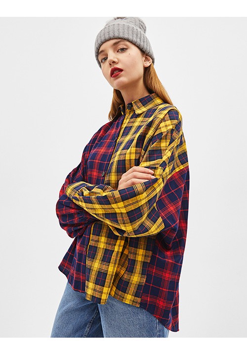 Red And Yellow Stitching Color Matching Plaid Shirt Red And Yellow Stitching Color Matching Plaid Shirt