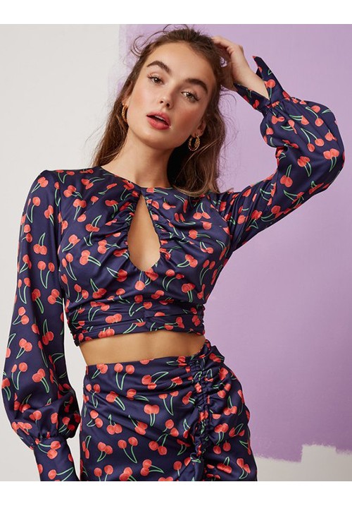 Navy Front Open Back Cherry Print Long Sleeve Top Navy Front Open Back Cherry Print Long Sleeve Top