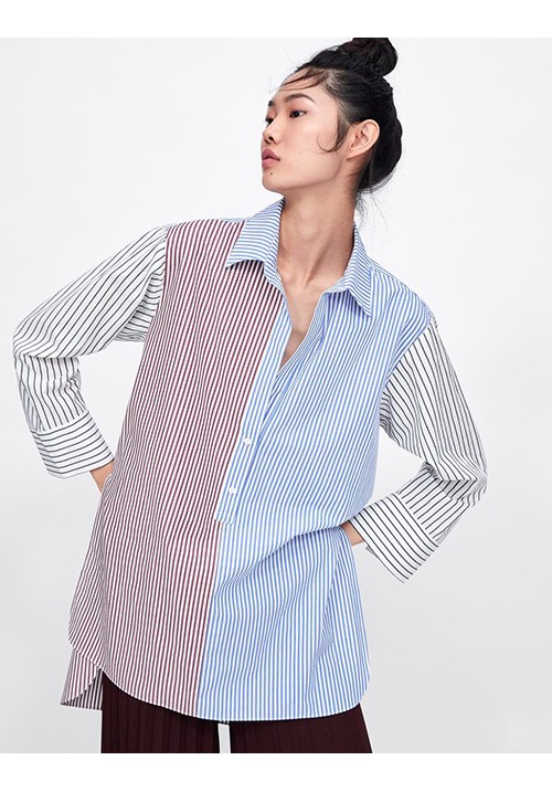 Color Matching Patchwork Loose Striped Shirt Color Matching Patchwork Loose Striped Shirt