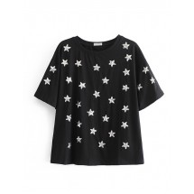 Black Sequined Embroidered Five-pointed Star Short Sleeve T-shirt