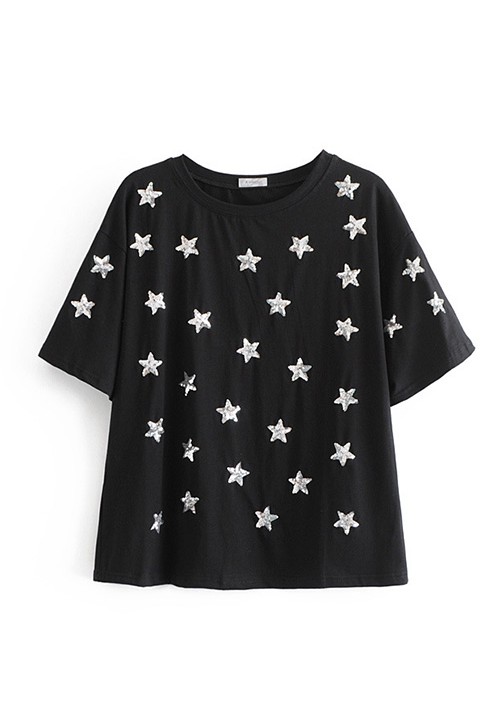 Black Sequined Embroidered Five-pointed Star Short Sleeve T-shirt Black Sequined Embroidered Five-pointed Star Short Sleeve T-shirt