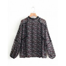 Black Floral Floral Print Lace Panel Pullover Shirt