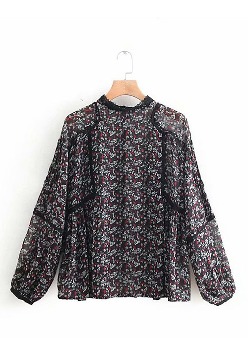 Black Floral Floral Print Lace Panel Pullover Shirt Black Floral Floral Print Lace Panel Pullover Shirt