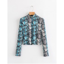 Blue Crocodile Snake Print Long-sleeved T-shirt Top