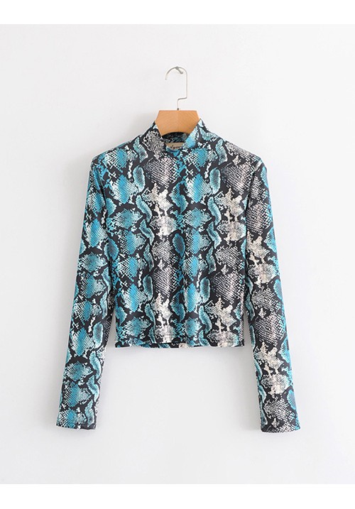 Blue Crocodile Snake Print Long-sleeved T-shirt Top Blue Crocodile Snake Print Long-sleeved T-shirt Top