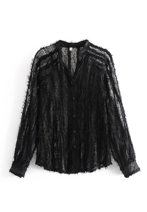 Black Solid Color Feather Lace Stitching Lapel Single-breasted Shirt Black Solid Color Feather Lace Stitching Lapel Single-breasted Shirt