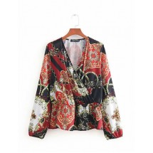 Black Red Print Tie-dye V-neck Elastic Waist Print Shirt Top
