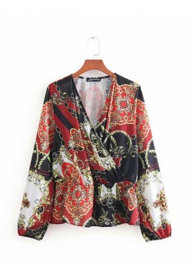 Black Red Print Tie-dye V-neck Elastic Waist Print Shirt Top