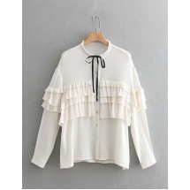 White Solid Color Bow Pullover Shirt