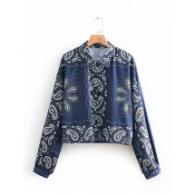 Cashew Blue Printed Short Lapels Long Sleeve Single-breasted Shirt